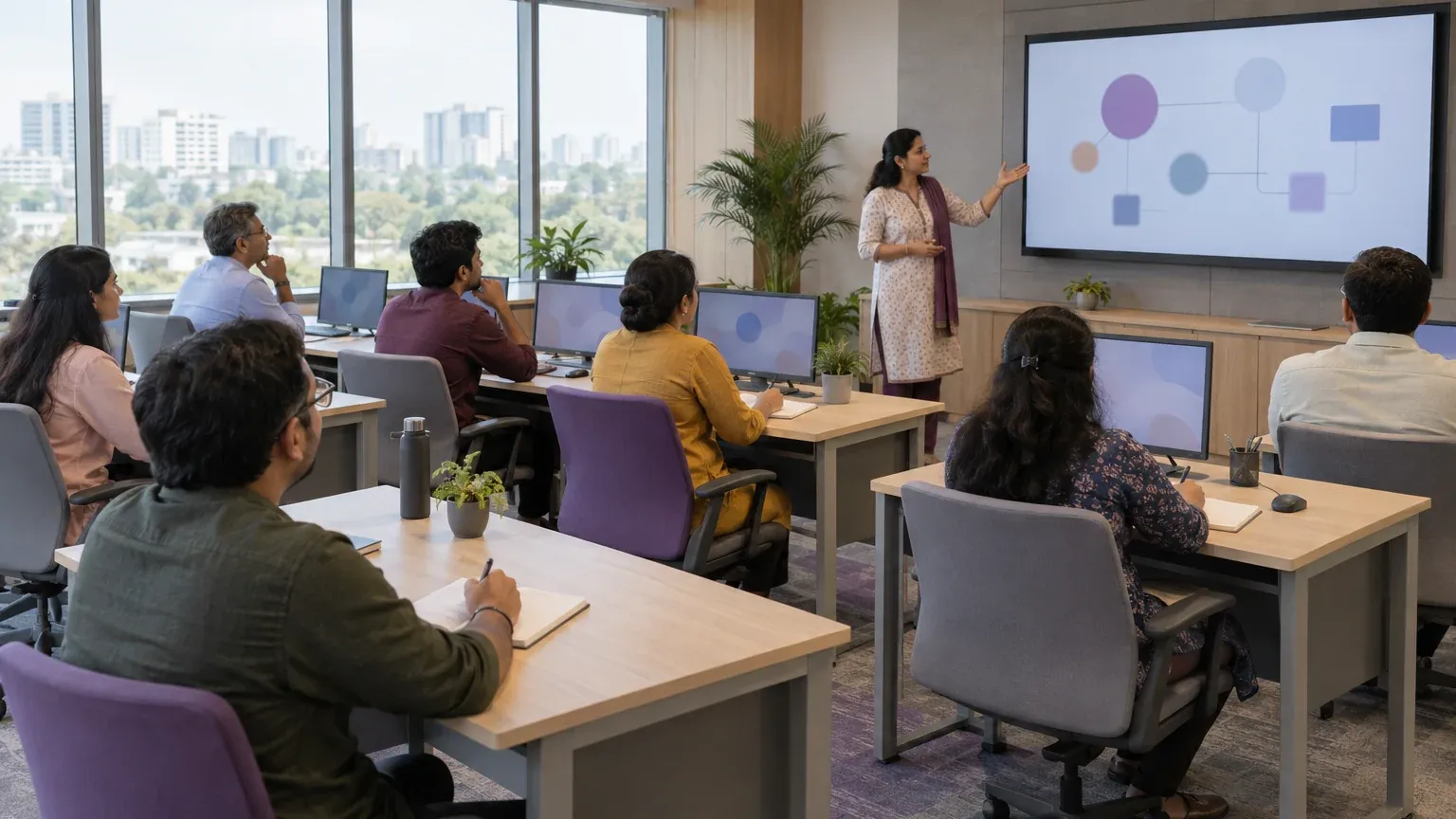 Illustrative scene: an instructor leading a small technology learning session.