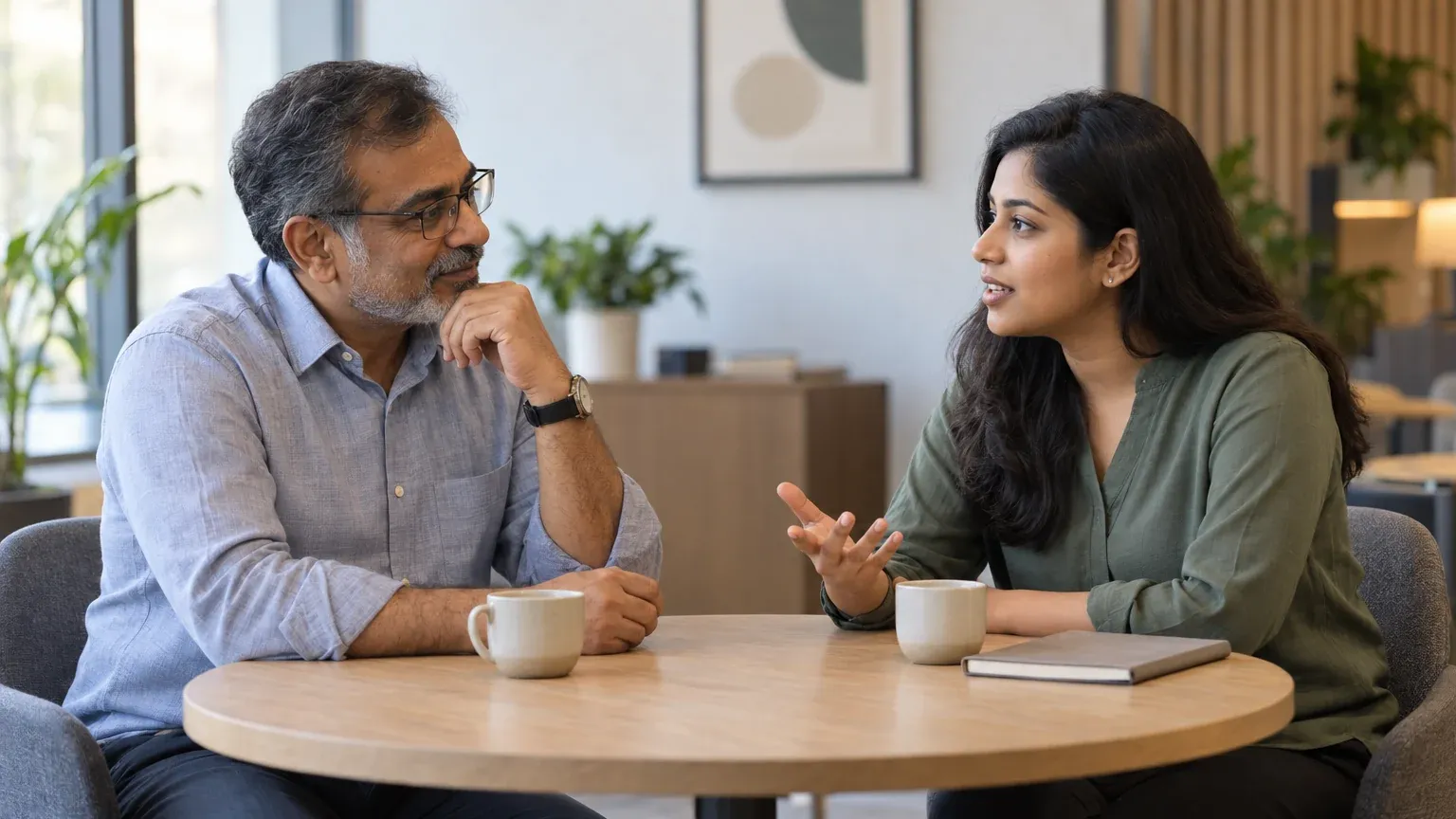 Illustrative scene: a mentor listening to a professional describe her goals.