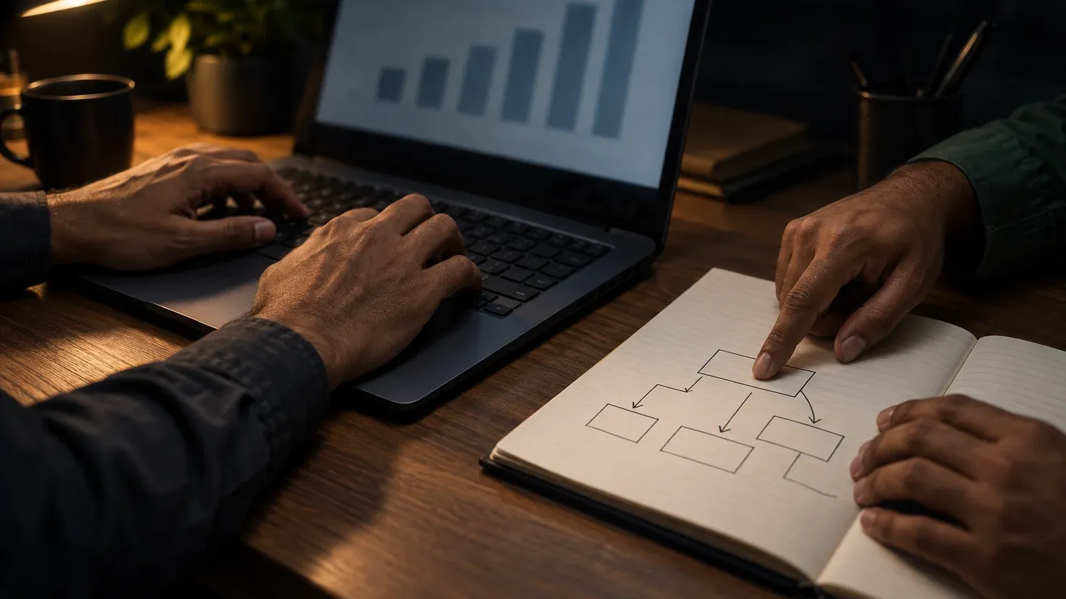 Illustrative scene: two people working through a data task at a desk.