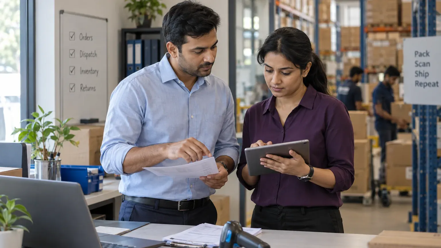 Illustrative scene: operations and technology specialists reviewing a warehouse workflow.